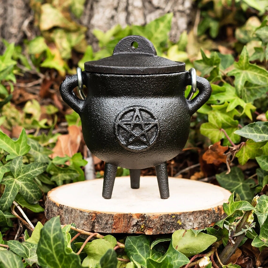 3.5" Inch Pentagram Cast Iron Cauldron with Lid